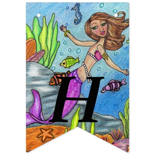 ピンクかわいらしの尾の誕生日マーメイド海 バンティングフラッグ (第1の旗)