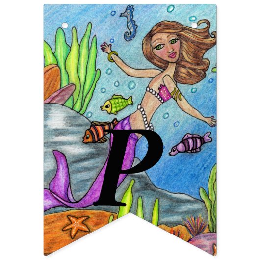 ピンクかわいらしの尾の誕生日マーメイド海 バンティングフラッグ (第3の旗)