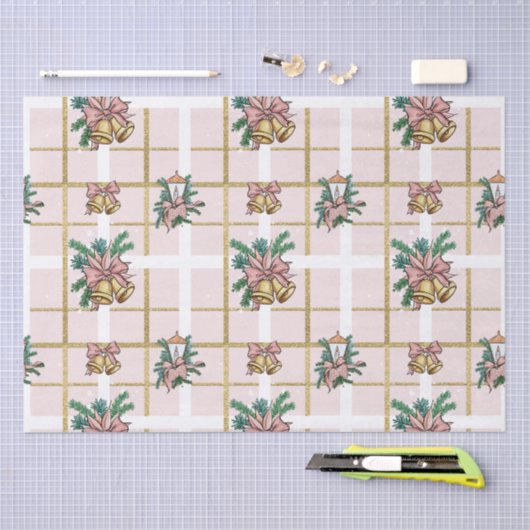 ピンクかわいらしの幾何学的およびクリスマスベル 薄葉紙 (クラフト)