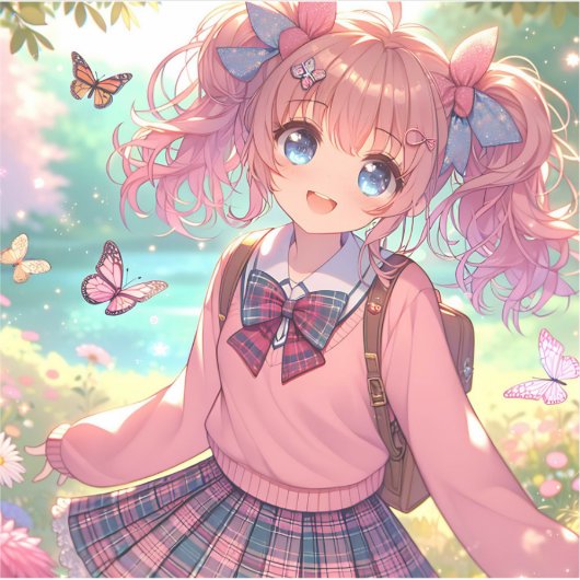 ピンクかわいらしの弁髪をしたアニメの少女 シール (正面)