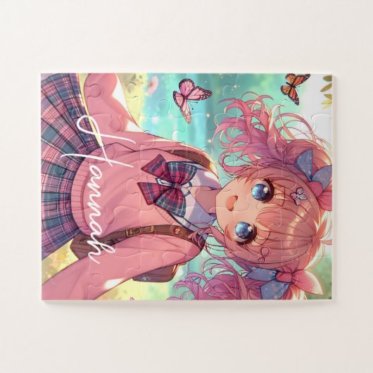 ピンクかわいらしの弁髪をしたアニメの少女 ジグソーパズル (横)