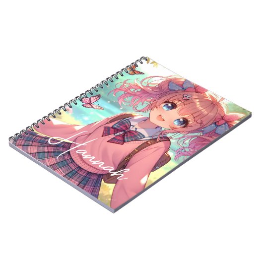 ピンクかわいらしの弁髪をしたアニメの少女 ノートブック (左側)