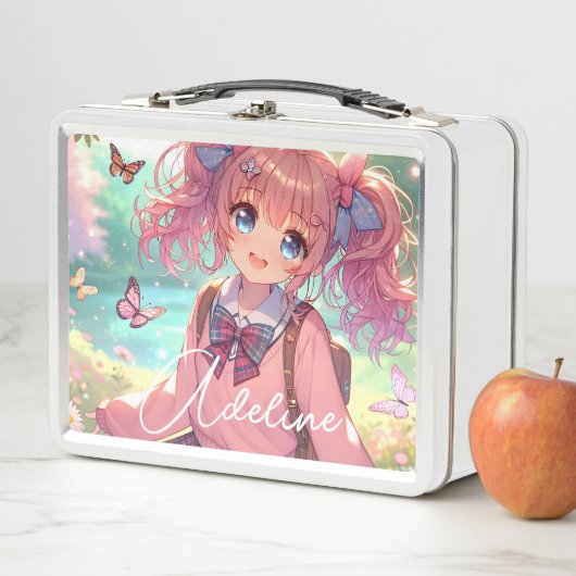 ピンクかわいらしの弁髪をしたアニメの少女 メタルランチボックス (インサイチュ)
