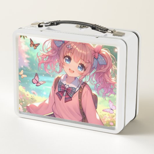 ピンクかわいらしの弁髪をしたアニメの少女 メタルランチボックス (裏面)