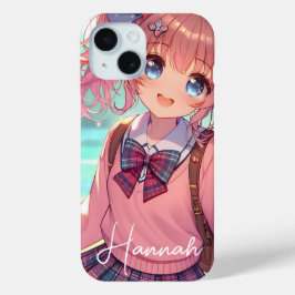 ピンクかわいらしの弁髪をしたアニメの少女 iPhone 15ケース
