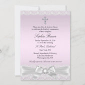 ピンクかわいらしの弓と十字聖餐式 招待状 (正面)