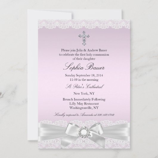 ピンクかわいらしの弓と十字聖餐式 招待状 (正面)