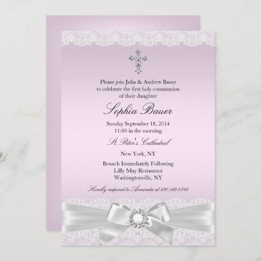 ピンクかわいらしの弓と十字聖餐式 招待状 (正面/裏面)