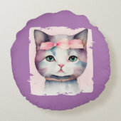 ピンクかわいらしの弓の丸い枕を持つ子猫 ラウンドクッション (裏面)