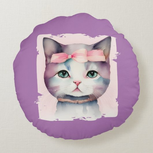 ピンクかわいらしの弓の丸い枕を持つ子猫 ラウンドクッション (裏面)