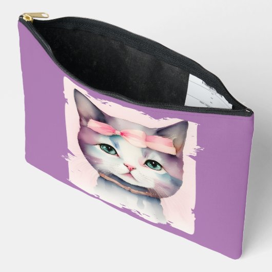 ピンクかわいらしの弓を持つ子猫 アクセサリーポーチ (見開き)