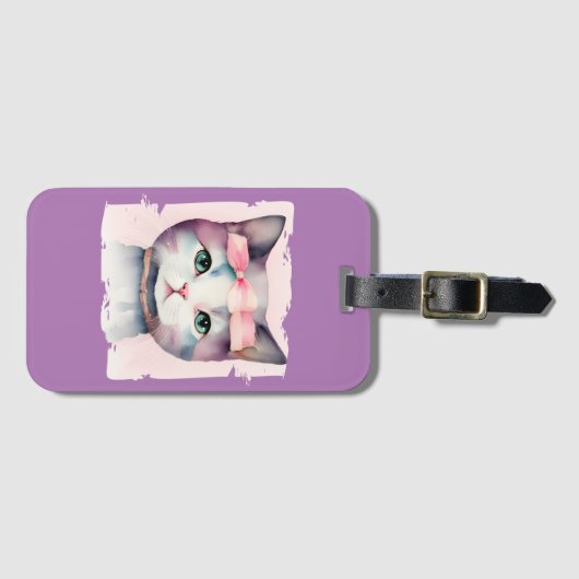 ピンクかわいらしの弓を持つ子猫 ラゲッジタグ (正面横)
