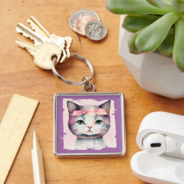 ピンクかわいらしの弓キーチェーン付き子猫 キーホルダー