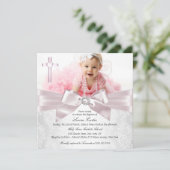 ピンクかわいらしの弓クロス写真バプテスマ/《キリスト教》洗礼式や命名式 招待状 (スタンド正面)