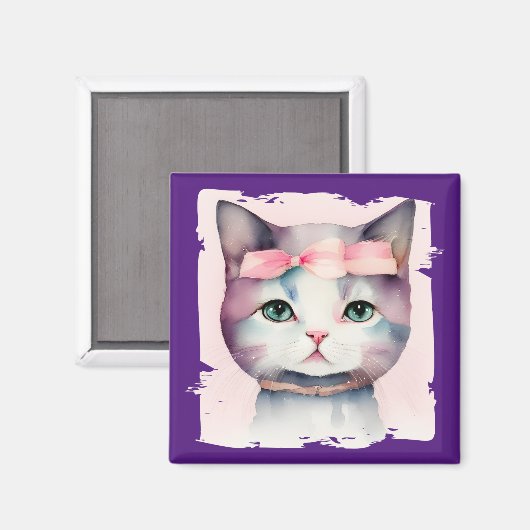 ピンクかわいらしの弓マグネット付子猫 マグネット (正面/裏面)