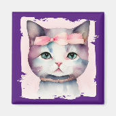 ピンクかわいらしの弓マグネット付子猫 マグネット (正面)