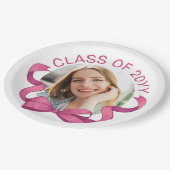 ピンクかわいらしの弓ラウンド写真年の卒業 ペーパープレート (アングル)