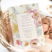 ピンクかわいらしの弓ワイルドフラワー赤ちゃんシャワー 招待状
