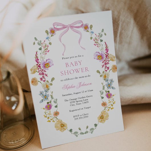 ピンクかわいらしの弓ワイルドフラワー赤ちゃんシャワー 招待状
