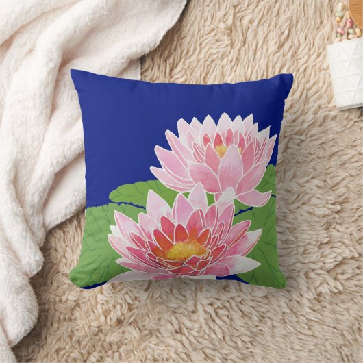 ピンクかわいらしの手絵を描の睡蓮が青 クッション (ブランケット)