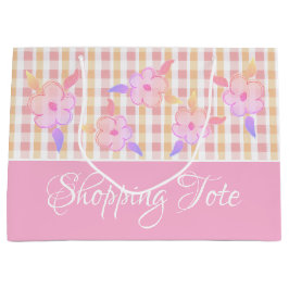 ピンクかわいらしの格子縞 ラージペーパーバッグ