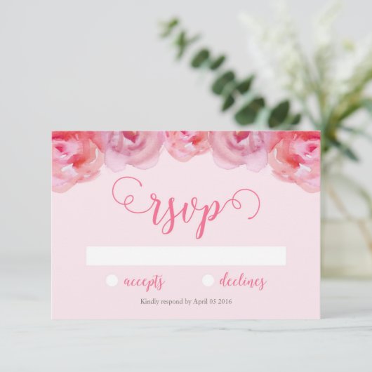 ピンクかわいらしの水の色のバラフローラ結婚式RSVP 出欠カード (スタンド正面)