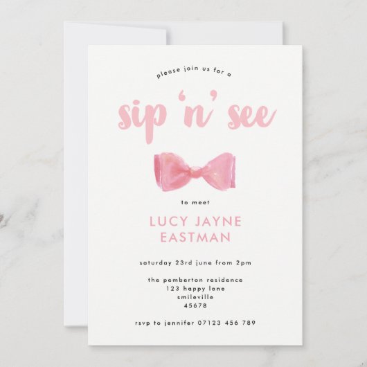 ピンクかわいらしの水の色の弓のsipと参照 招待状 (正面)