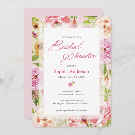 ピンクかわいらしの水の色ブライダルシャワー 招待状 (正面/裏面)