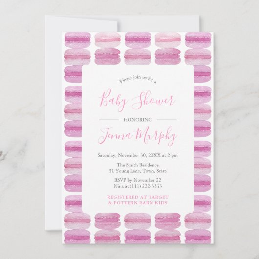 ピンクかわいらしの水の色マカロン赤ちゃんシャワー 招待状 (正面)