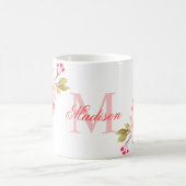ピンクかわいらしの水彩フローラカスタムモノグラム名 コーヒーマグカップ (中央)