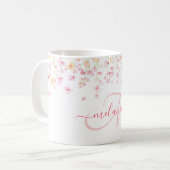 ピンクかわいらしの水彩フローラカスタムモノグラム名 コーヒーマグカップ (正面左)