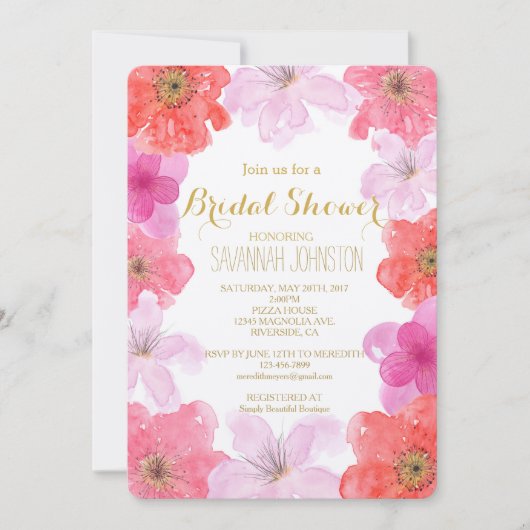 ピンクかわいらしの水彩フローラブライダルシャワー 招待状 (正面)