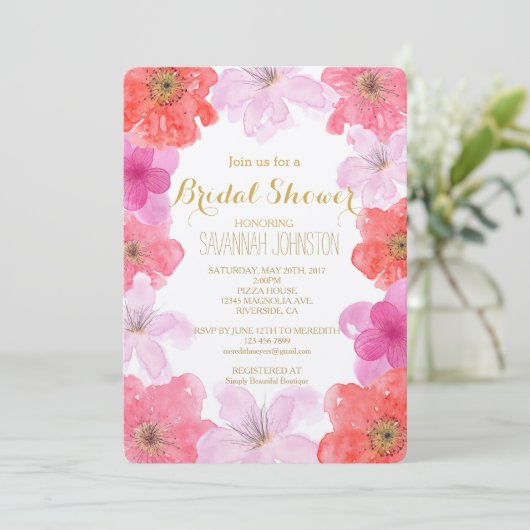 ピンクかわいらしの水彩フローラブライダルシャワー 招待状 (スタンド正面)