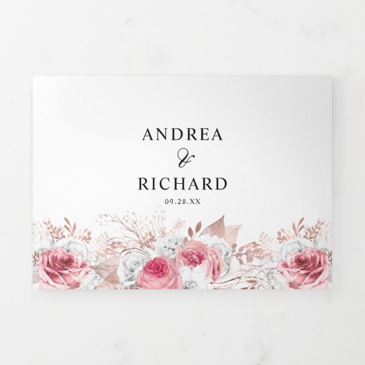 ピンクかわいらしの水彩フローラ結婚の3倍 三つ折り招待状 (カバー)