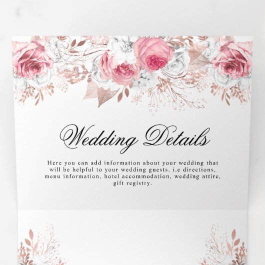 ピンクかわいらしの水彩フローラ結婚の3倍 三つ折り招待状 (内部最初)