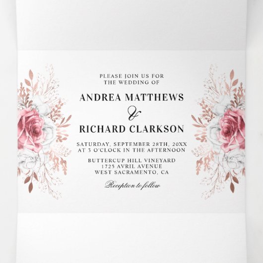 ピンクかわいらしの水彩フローラ結婚の3倍 三つ折り招待状 (内部中)