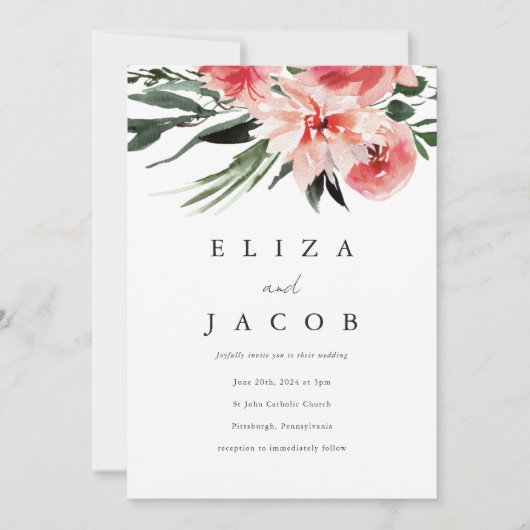 ピンクかわいらしの水彩フローラ結婚式招待状 招待状 (正面)