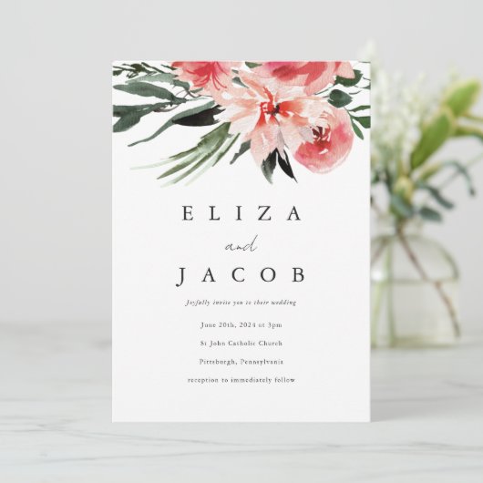 ピンクかわいらしの水彩フローラ結婚式招待状 招待状 (スタンド正面)