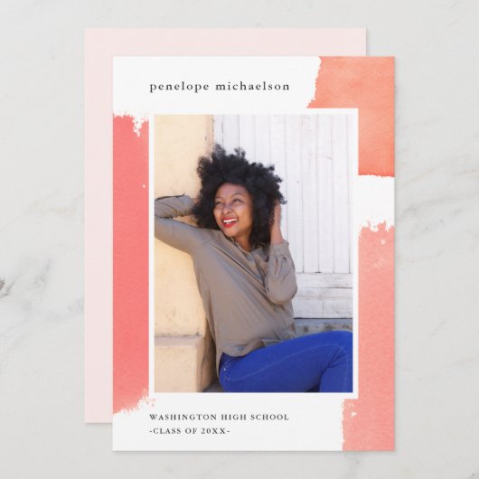 ピンクかわいらしの水彩写真卒業パーティー 招待状 (正面/裏面)