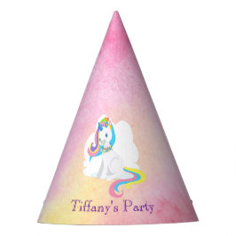 ピンクかわいらしの水彩色の背景に白のユニコーン パーティーハット
