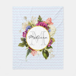 ピンクかわいらしの水彩花モノグラム フリースブランケット