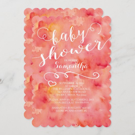 ピンクかわいらしの水彩赤ちゃんシャワー招待状 招待状 (正面/裏面)