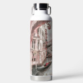 ピンクかわいらしの水色のヴェネツィア運河と花 ウォーターボトル (正面)