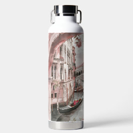 ピンクかわいらしの水色のヴェネツィア運河と花 ウォーターボトル