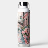 ピンクかわいらしの水色のヴェネツィア運河と花 ウォーターボトル (背面)