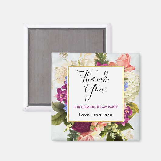 ピンクかわいらしの水色の花パーティーありがとう マグネット (正面/裏面)