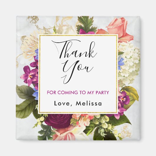 ピンクかわいらしの水色の花パーティーありがとう マグネット (正面)