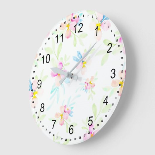 ピンクかわいらしの水色の花 ラージ壁時計 (傾斜)