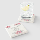 ピンクかわいらしの水色フローラかわいいタイポグラフィ ストーンコースター (横)