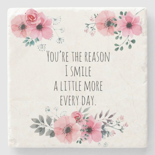 ピンクかわいらしの水色フローラかわいいタイポグラフィ ストーンコースター (正面)